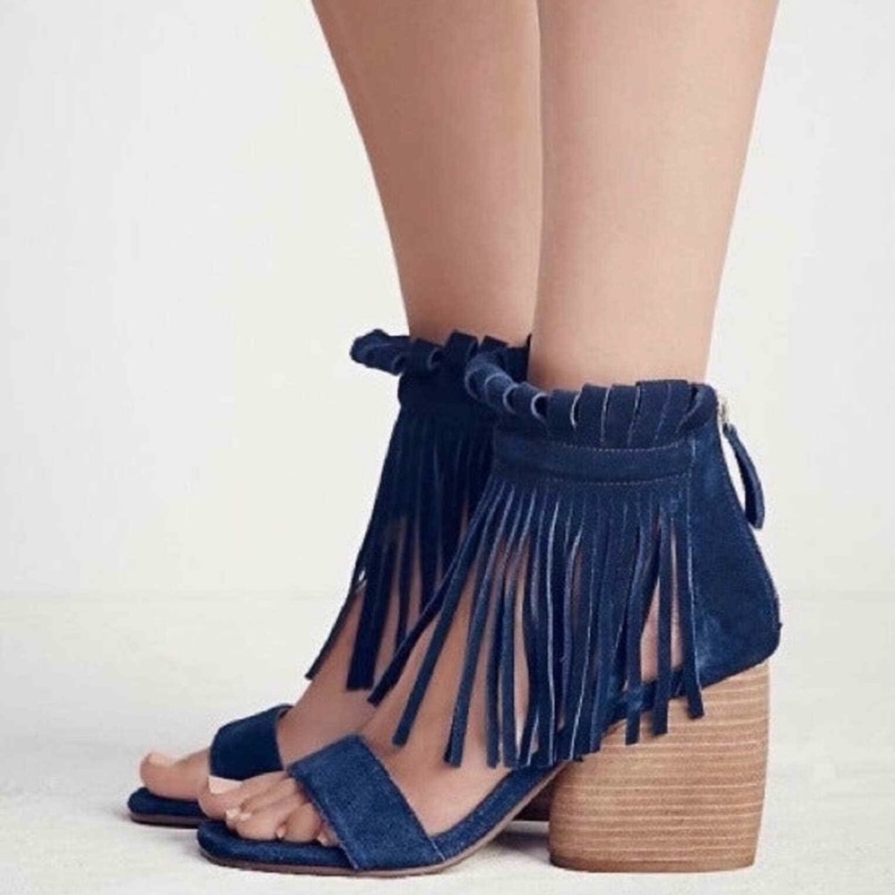 Free People x Matiko Fringe Suede Block Heel Sandals - Navy Blue